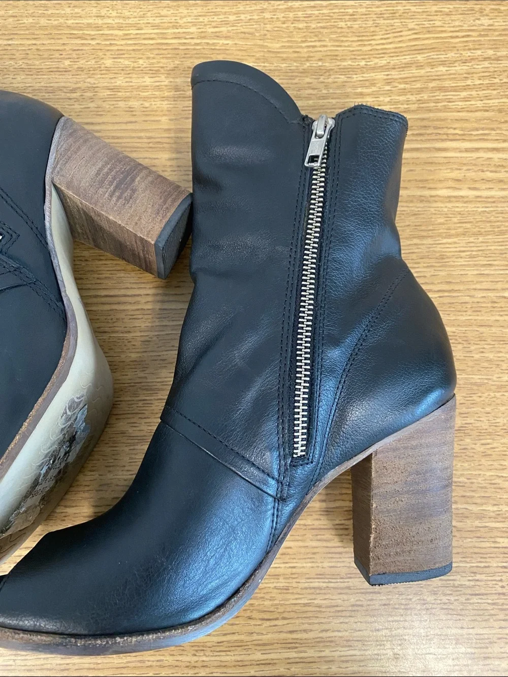 Matisse Black Leather Open-Toe Zip Ankle Booties with Wood Block Heel